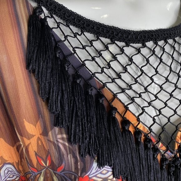 BEBE Dress Multi Coral Yellow Red Brown Black Mesh Tassels Mini Size XS EUC! - Picture 13 of 14